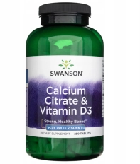 Swanson Cytrynian Wapnia + Witamina D3 – 250 Tabletek